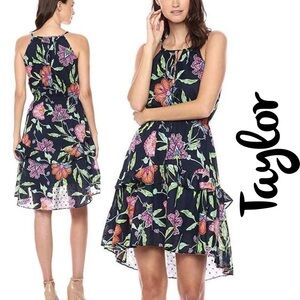 Taylor NWT Navy Floral Print Keyhole Front Tiered Spring Summer Dress Size 2